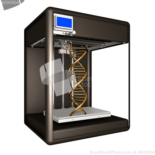 Image of 3d printer during work on the new DNA molecule. 3d illustration