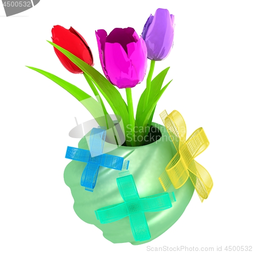Image of Fresh spring tulips in a vase vith ribbon. 3d illustration
