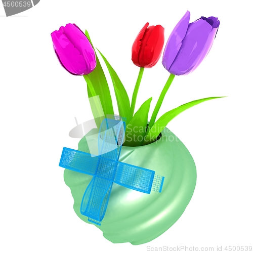 Image of Fresh spring tulips in a vase vith ribbon. 3d illustration