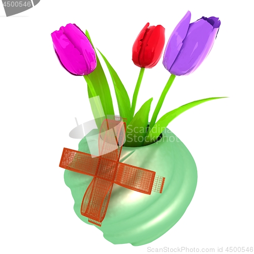 Image of Fresh spring tulips in a vase vith ribbon. 3d illustration