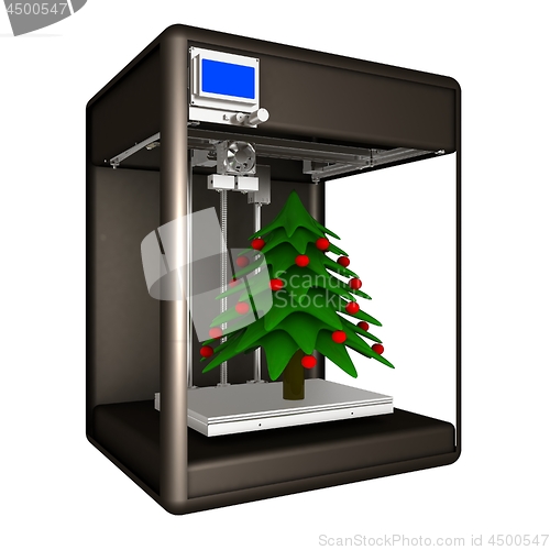 Image of 3d printer during work on the Christmas tree. 3d illustration