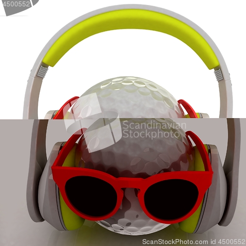 Image of Golf Ball With Sunglasses and headphones. 3d illustration