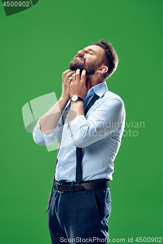 Image of The happy businessman standing and smiling against green background.