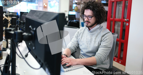 Image of businessman working using a laptop in startup office