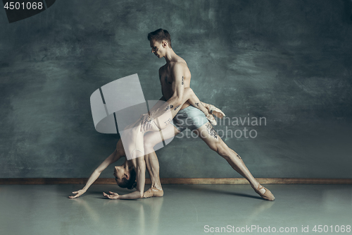 Image of The young modern ballet dancers posing on gray studio background