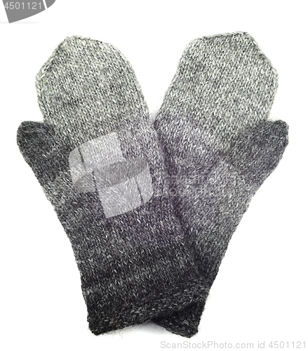 Image of wool gray knitted mittens on a white