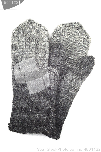 Image of wool gray knitted mittens on a white