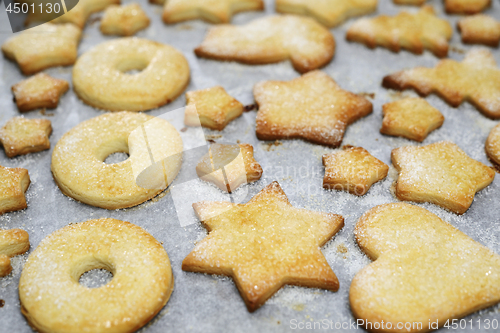 Image of traditional sweet Christmas cookies on a baking sheet