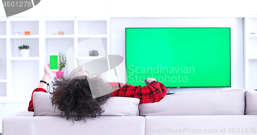 Image of Young couple on the sofa watching television