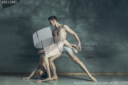 Image of The young modern ballet dancers posing on gray studio background