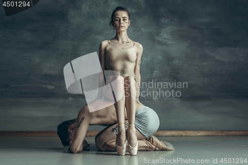 Image of The young modern ballet dancers posing on gray studio background