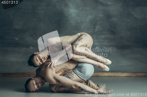 Image of The young modern ballet dancers posing on gray studio background