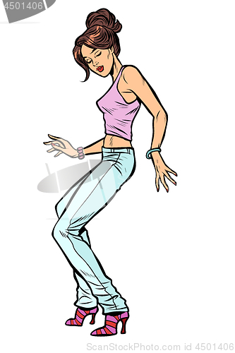 Image of girl in jeans. woman disco dance