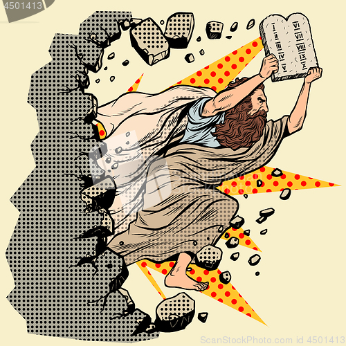 Image of Moses with tablets of the Covenant 10 commandments breaks a wall, destroys stereotypes