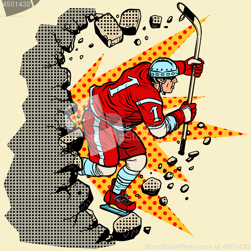 Image of hockey player breaks a wall, winter sport