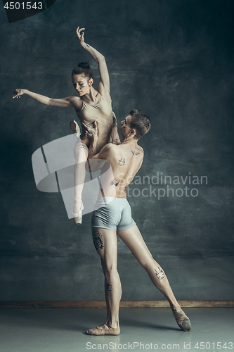 Image of The young modern ballet dancers posing on gray studio background