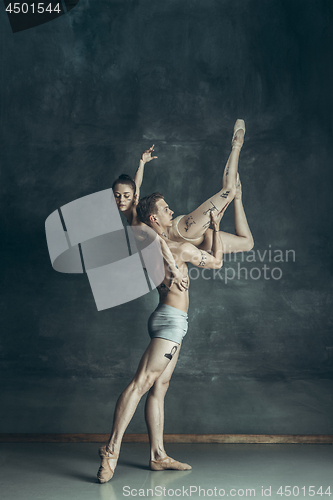 Image of The young modern ballet dancers posing on gray studio background