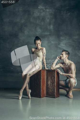 Image of The young modern ballet dancers posing on gray studio background