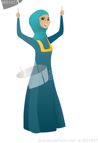 Image of Business woman standing with raised arms up.