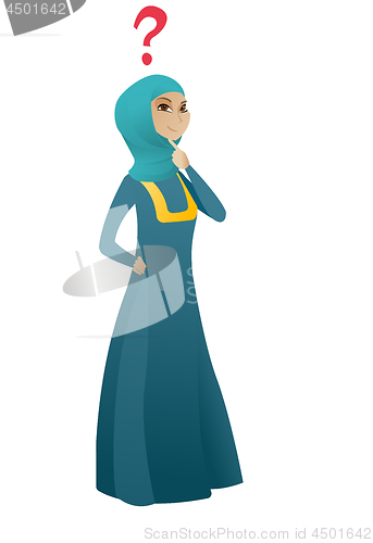 Image of Thinking business woman with question mark.