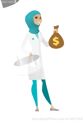 Image of Muslim doctor holding a money bag.