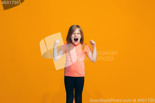 Image of Isolated on pink young casual teen girl shouting at studio