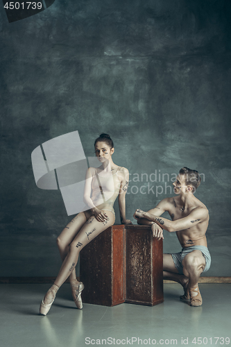 Image of The young modern ballet dancers posing on gray studio background