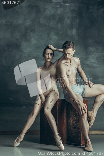 Image of The young modern ballet dancers posing on gray studio background