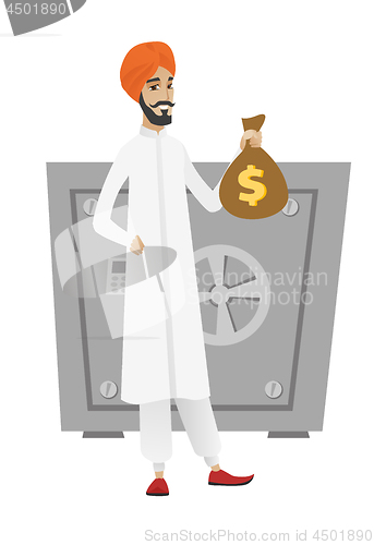 Image of Hindu businessman holding a money bag.