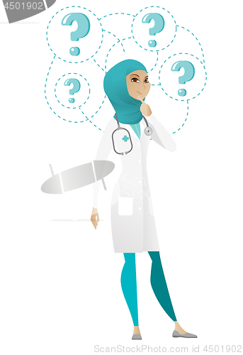 Image of Thinking doctor with question marks.