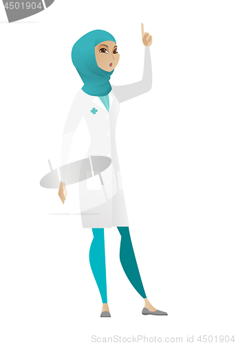 Image of Doctor with open mouth pointing finger up.