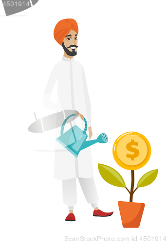 Image of Hindu businessman watering money flower.