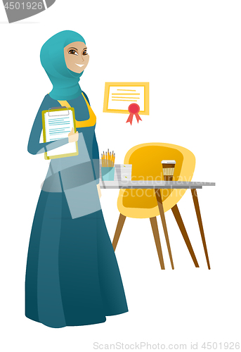 Image of Business woman holding clipboard with documents.
