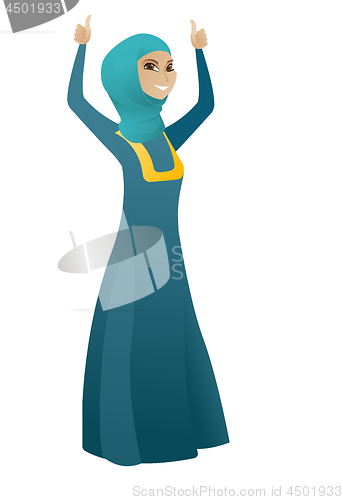 Image of Business woman standing with raised arms up.