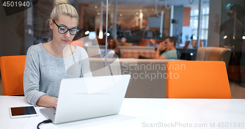 Image of businesswoman using a laptop in startup office