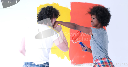 Image of multiethnic couple painting interior wall
