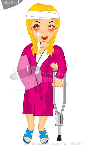 Image of Girl with tram on crutch in hospital robe