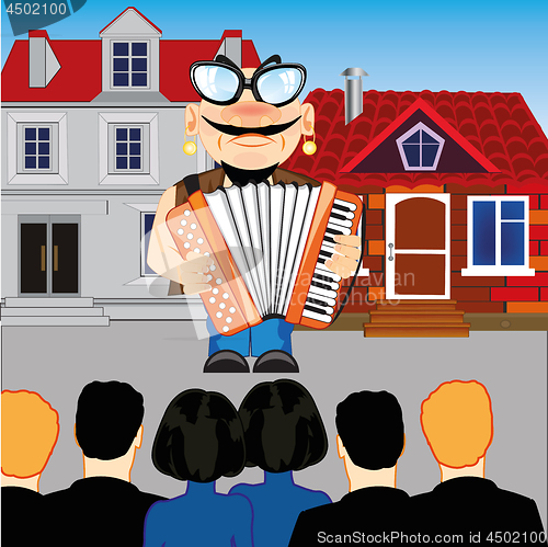 Image of Musician with accordion emerges before spectator on street