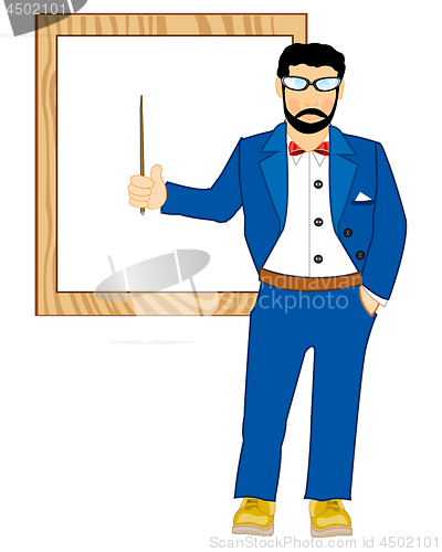 Image of Vector illustration men teacher beside boards with pick device