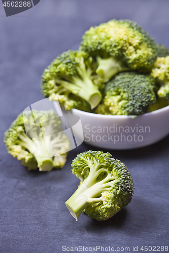 Image of Fresh green organic broccoli in white bowl 