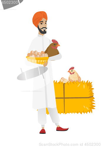 Image of Farmer holding chicken and basket of eggs.