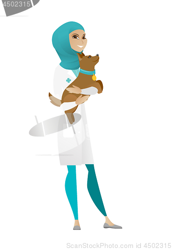 Image of Veterinarian with dog in hands vector illustration