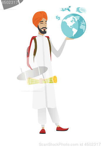 Image of Hindu traveler man holding map and globe.