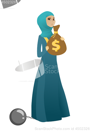 Image of Chained business woman with bag full of taxes.