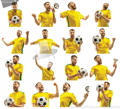 Image of Brazilian fan celebrating on white background