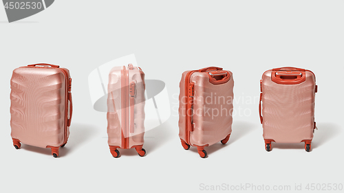 Image of Collection of brown suitcases for travel on a gray background with with copy space. Creative layout.