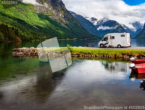 Image of Family vacation travel RV, holiday trip in motorhome