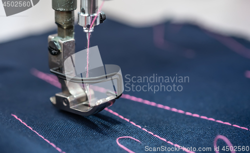 Image of Professional sewing machine close-up. Modern textile industry.