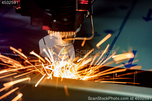 Image of CNC Laser cutting of metal, modern industrial technology.