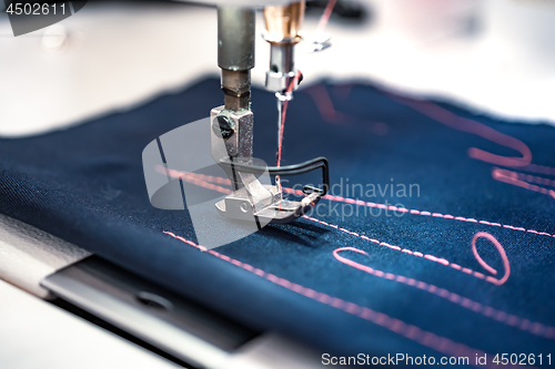 Image of Professional sewing machine close-up. Modern textile industry.